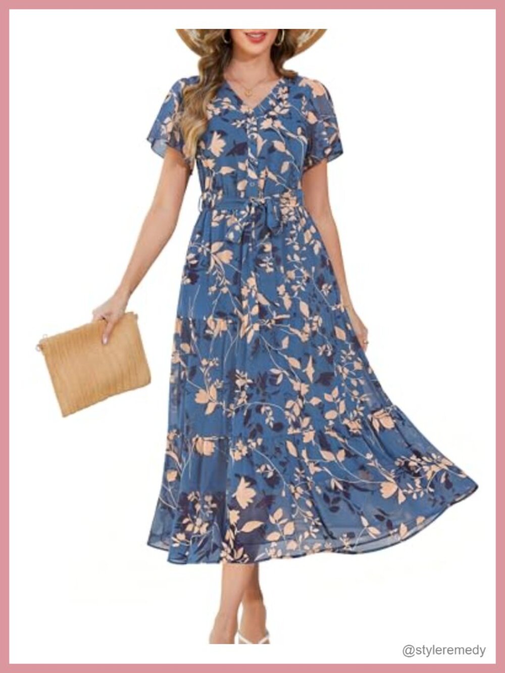 Women's Chiffon Floral Maxi Dress Button Front Removable Belt Pockets